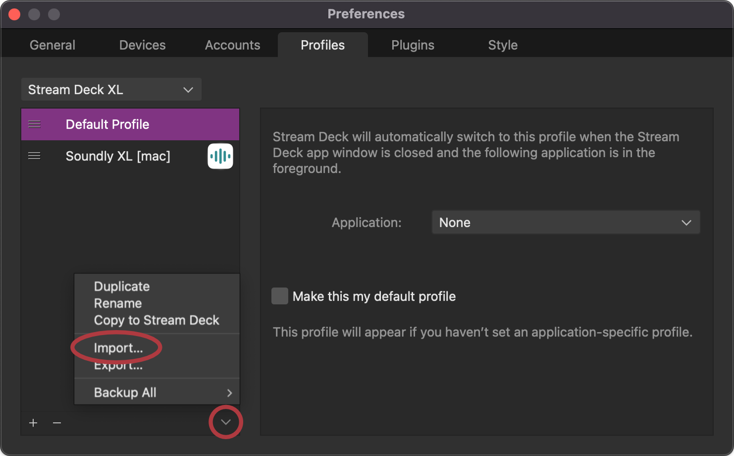 Importing a profile in Stream Deck software